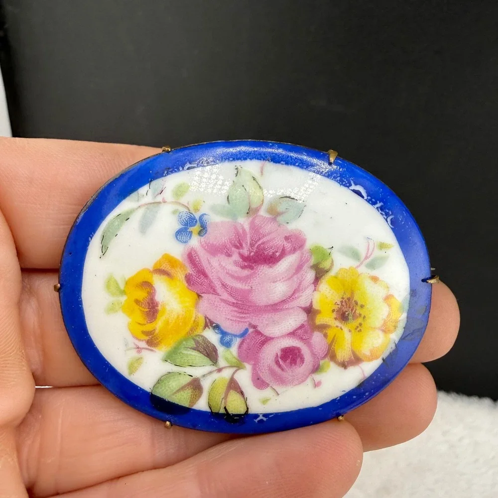 Vintage Victorian Brooch Blue Hand Painted Porcelain Pink  Gold Tone Oval READ
